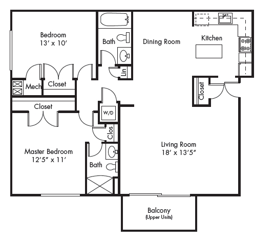 Floor plan for 2 beds, 2 baths, 950 sqft